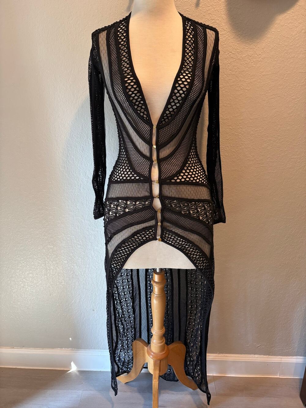 Mesh BodyCon Cardigan Long w/Gold -Tone Front Buttons Blk SzM/L Edgy Alternative